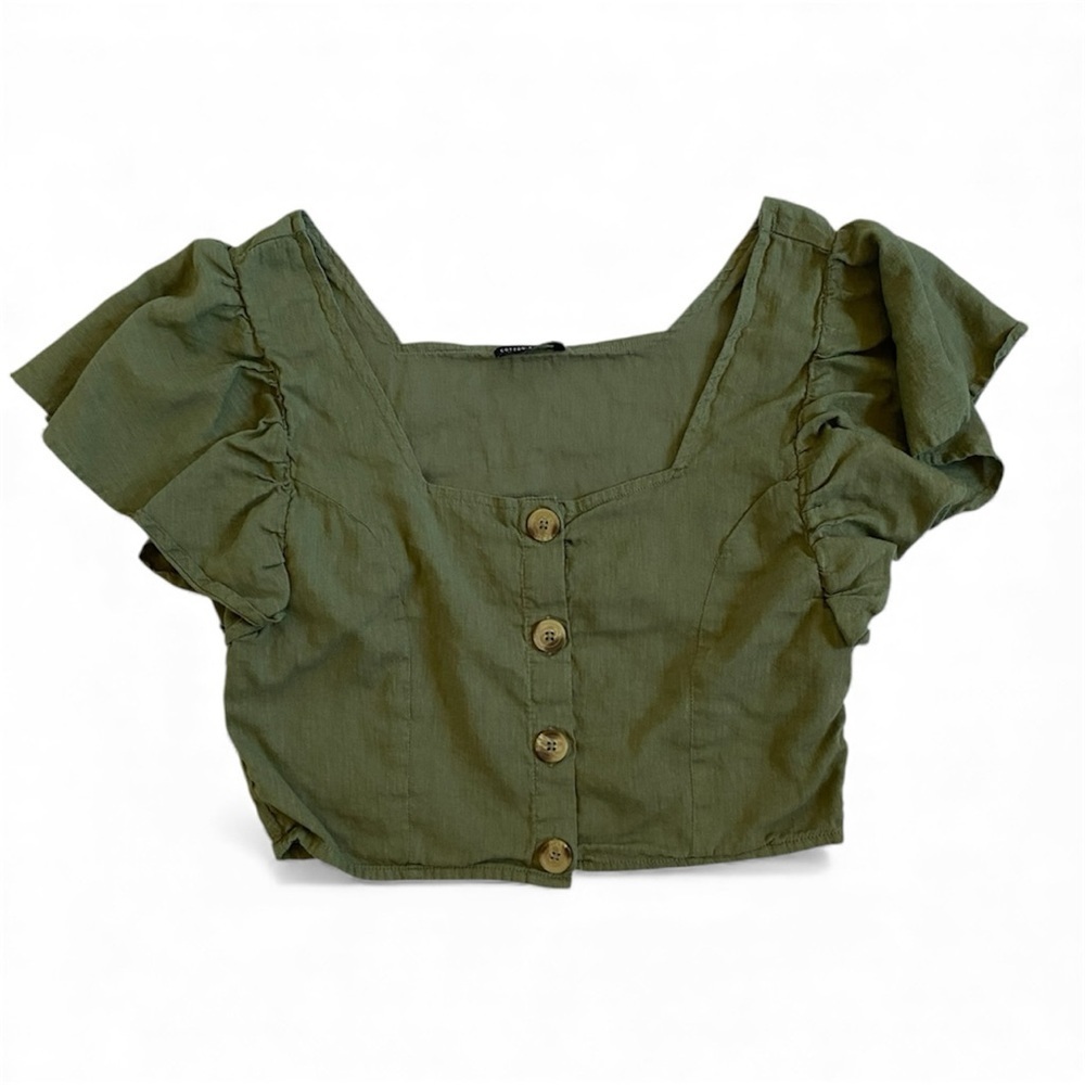 Cotton On Olive Green Button-Up Crop Flutter Sleeve Top - Picture 1 of 6